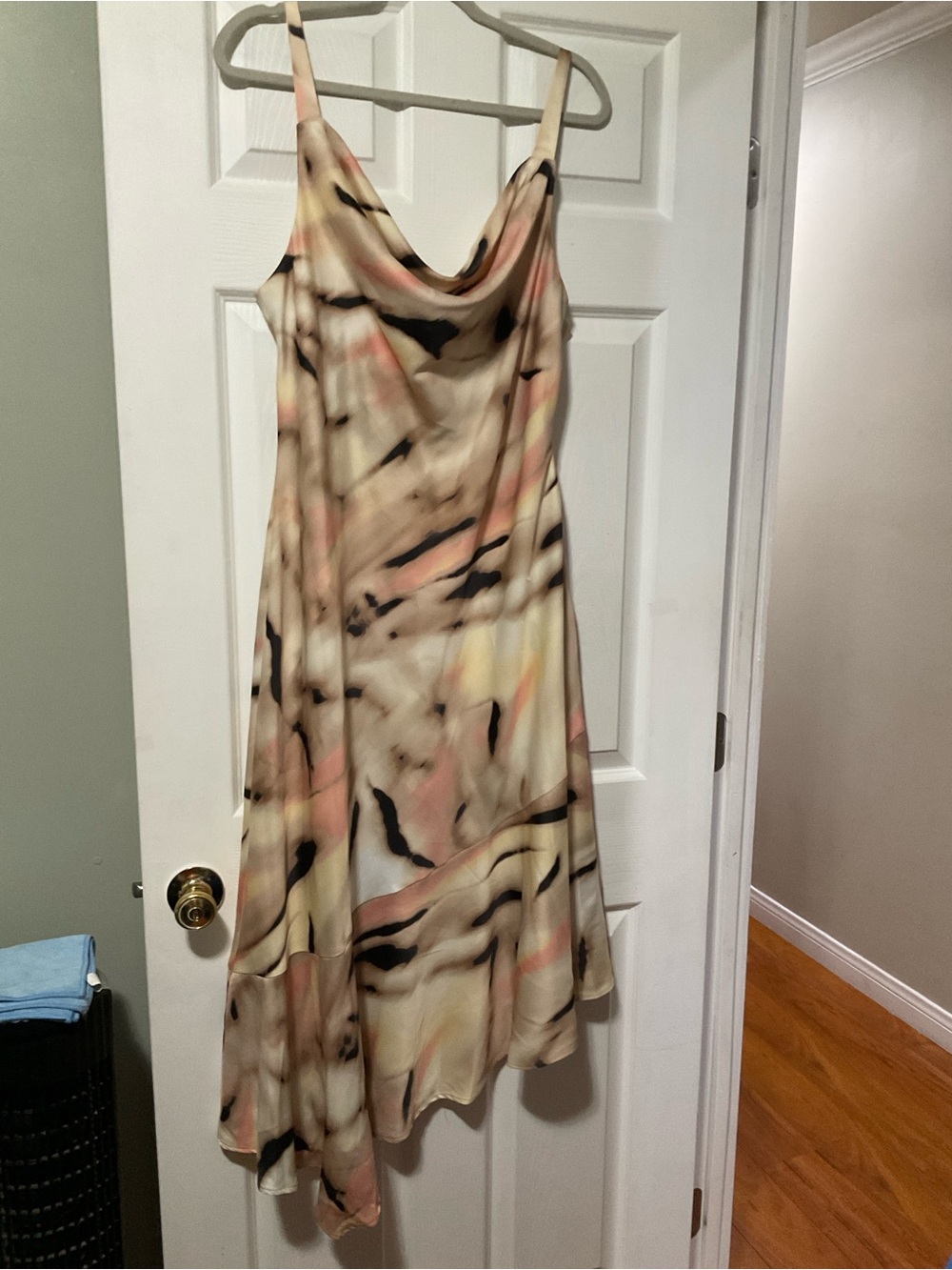 Kenneth Cole Asymmetrical Slip Dress in Cream, Pink & Black Marble